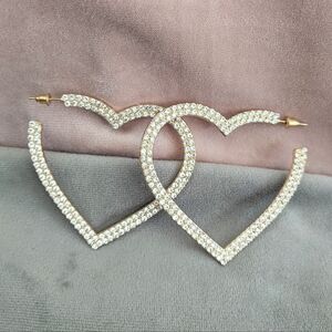 Hoop Earrings Big Hearts Shiny Crystal Rhinestone Gold Tone